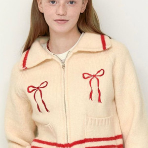 론론/ 하트리본 스웨터 니트집업(크림색) 이미지