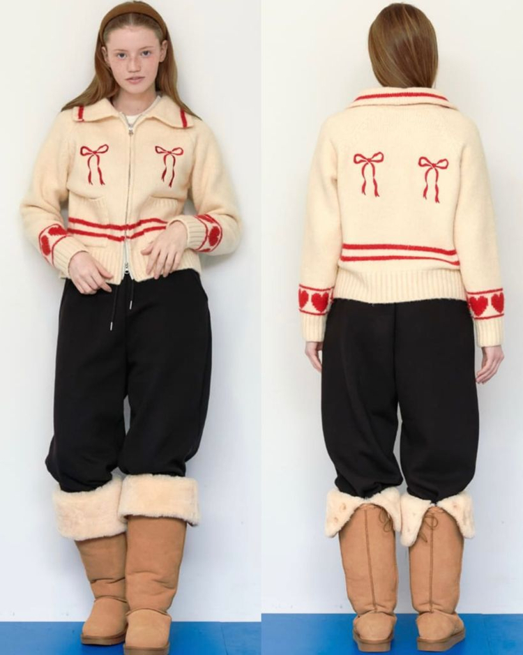 론론/ 하트리본 스웨터 니트집업(크림색) 이미지