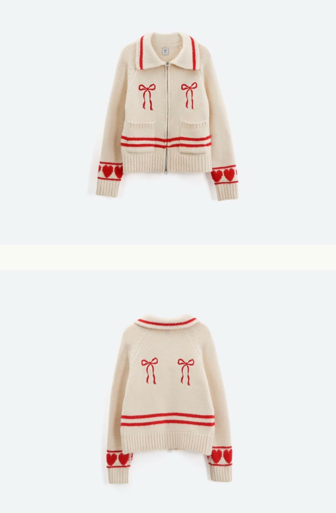 론론/ 하트리본 스웨터 니트집업(크림색) 이미지