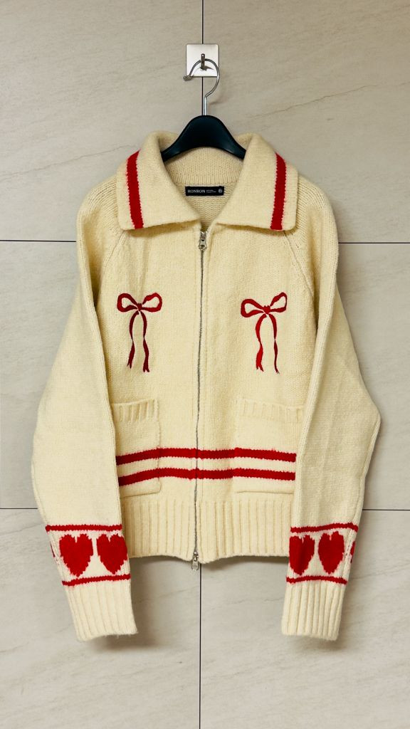 론론/ 하트리본 스웨터 니트집업(크림색) 이미지
