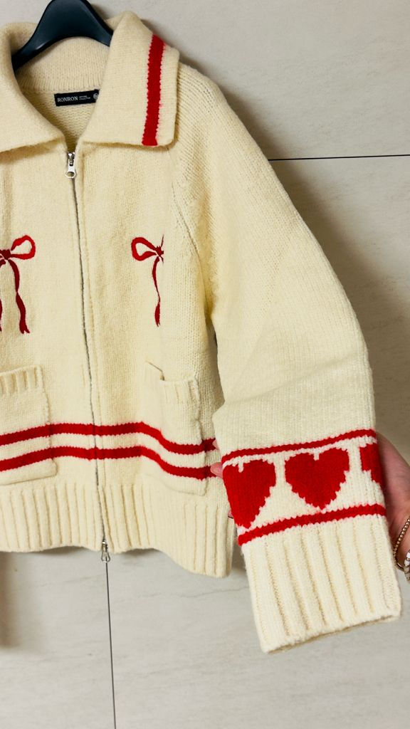 론론/ 하트리본 스웨터 니트집업(크림색) 이미지