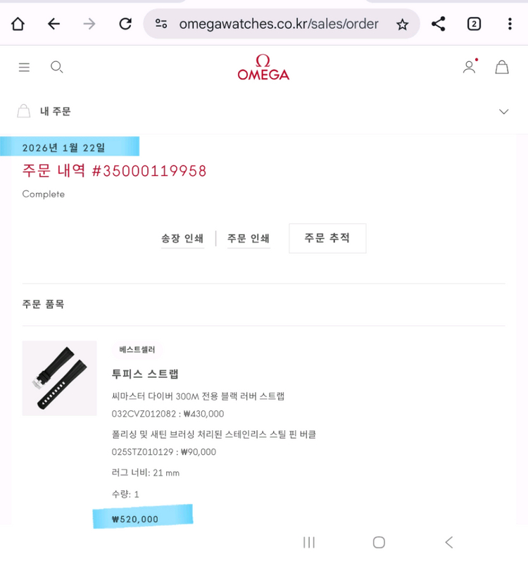오메가공식홈 주문 정품 씨마스터 다이버300 용 21mm 러버슽랩 이미지
