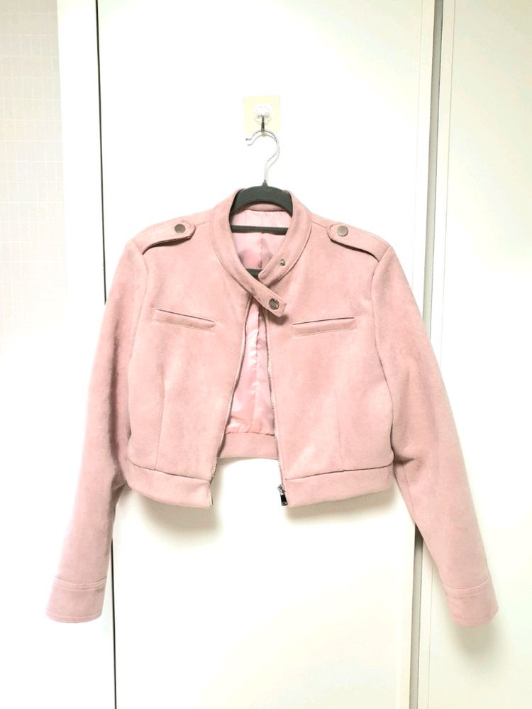 핑크 스웨이드 세미 크롭 자켓(~66사이즈)--1