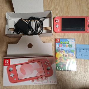 닌텐도 스위치 라이트 핑크 코랄 풀박스, 동물의숲 칩은 미개봉품