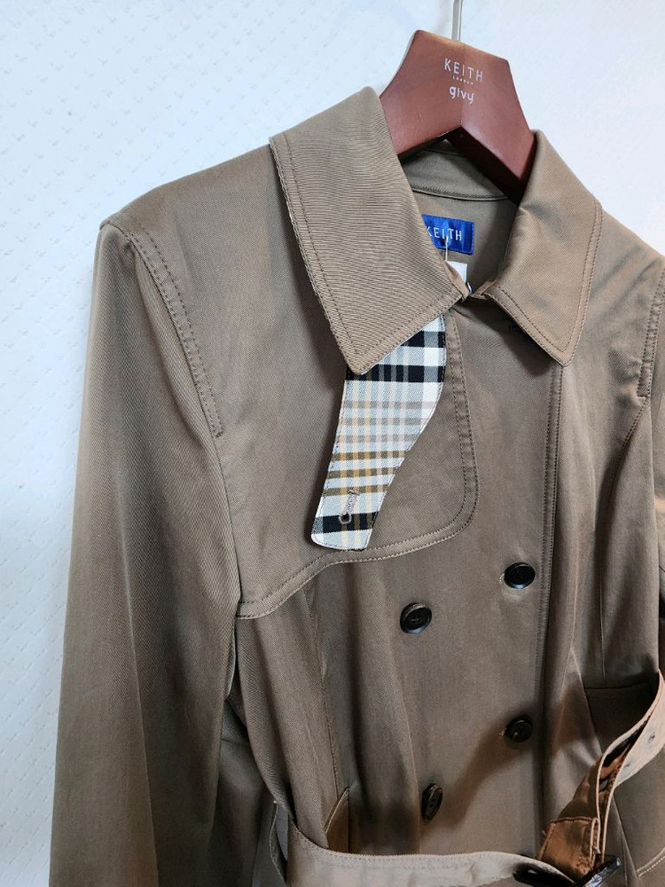 키이스 리오펠레 체크 디테일 개더 주름 트렌치코트 55사이즈 새제품 시나몬브라운컬러--1
