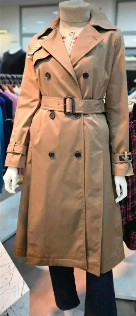 키이스 리오펠레 체크 디테일 개더 주름 트렌치코트 55사이즈 새제품 시나몬브라운컬러--7