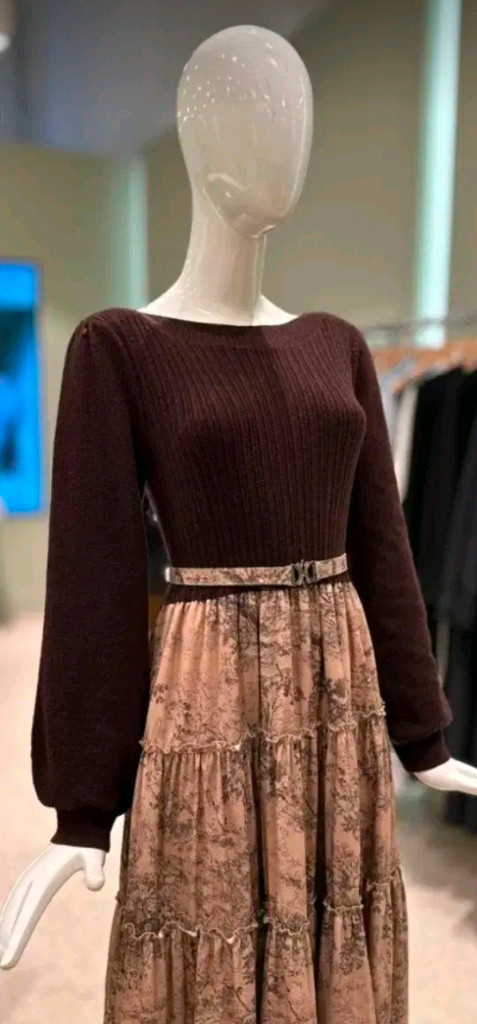 듀엘 입술라인 니트 배색 나염 프릴장식 원피스 55사이즈 새제품--3