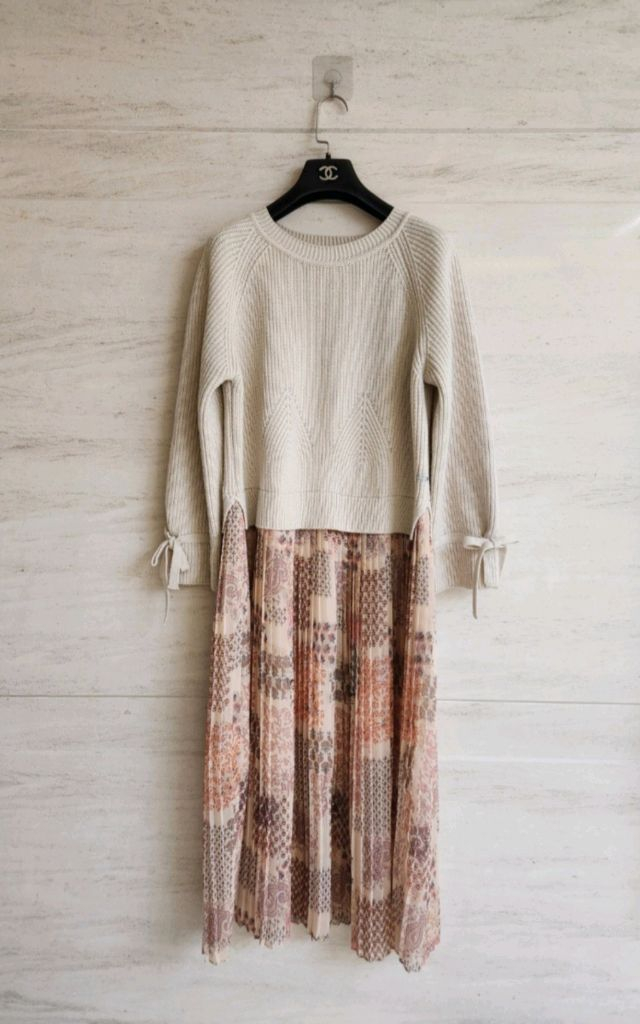 써스데이아일랜드 니트블록 플리츠 원피스 66사이즈--1