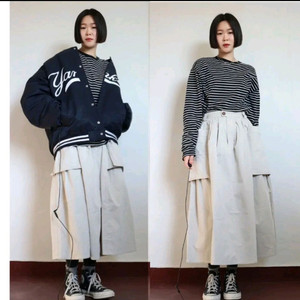 유니크한 아이보리 포켓 워크 플레어 롱스커트