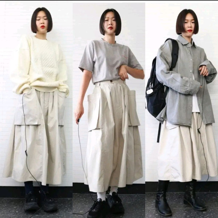 유니크한 아이보리 포켓 워크 플레어 롱스커트--2