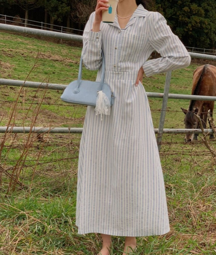 새상품) 콩단추 스트라이프 셔츠 롱원피스/ 플레어 셔츠--0