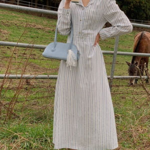 새상품) 콩단추 스트라이프 셔츠 롱원피스/ 플레어 셔츠