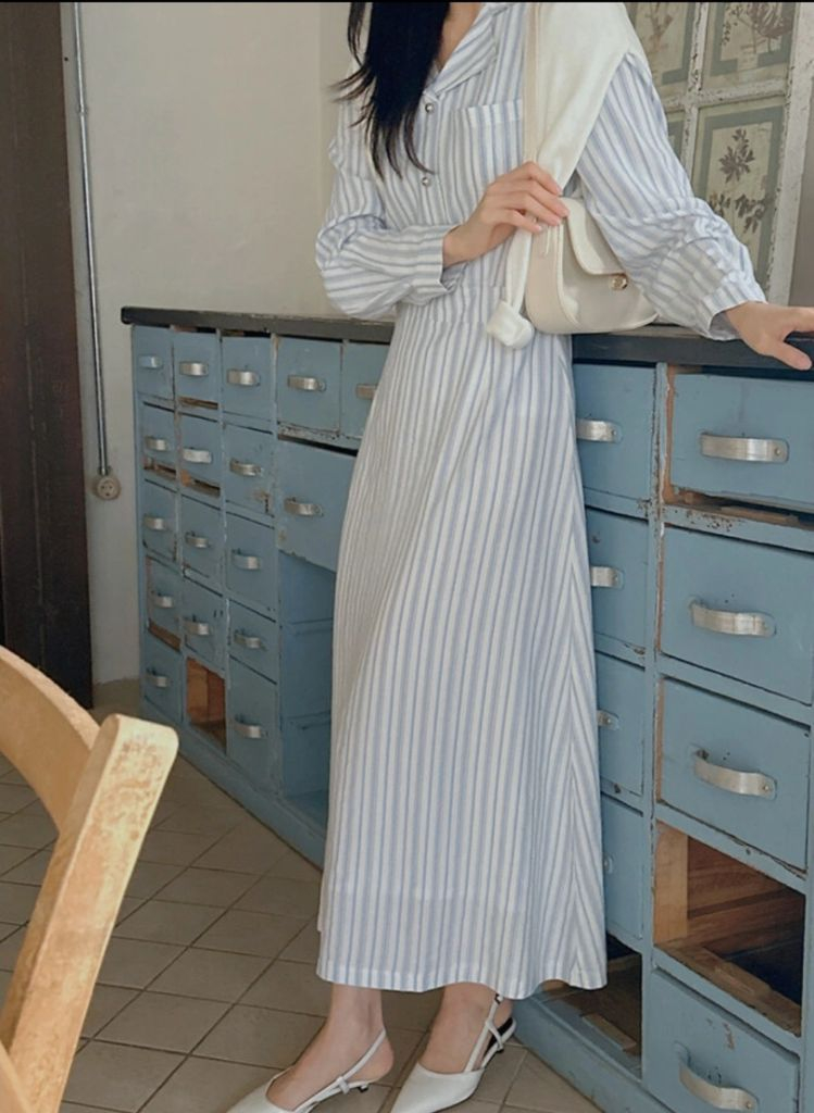 새상품) 콩단추 스트라이프 셔츠 롱원피스/ 플레어 셔츠--2