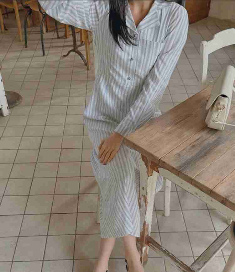 새상품) 콩단추 스트라이프 셔츠 롱원피스/ 플레어 셔츠--3