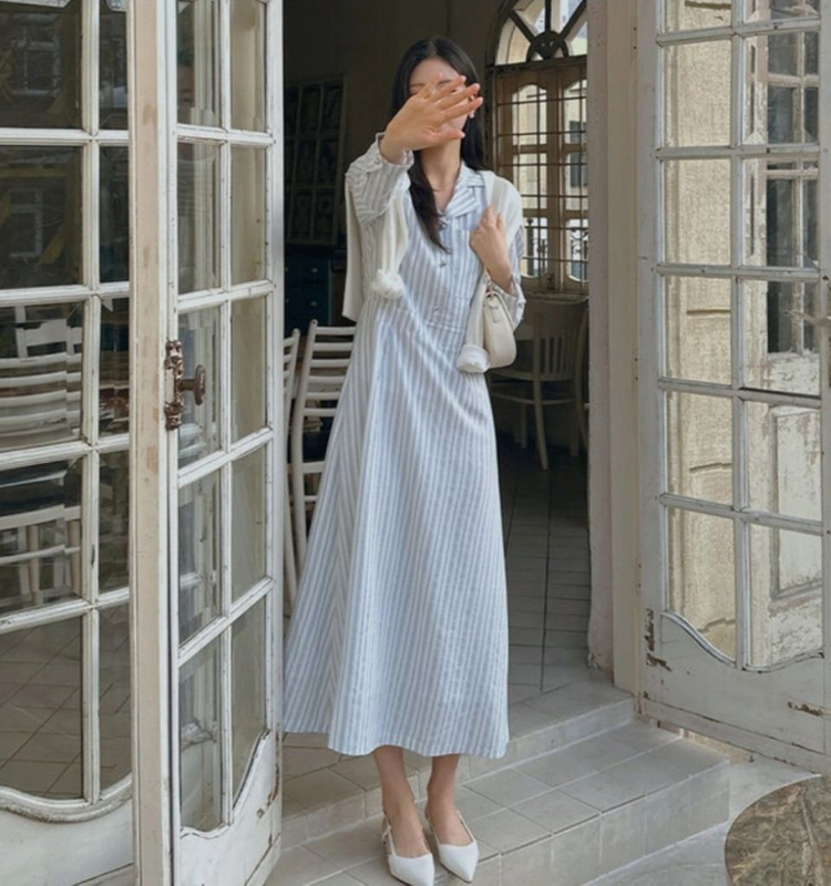 새상품) 콩단추 스트라이프 셔츠 롱원피스/ 플레어 셔츠--4