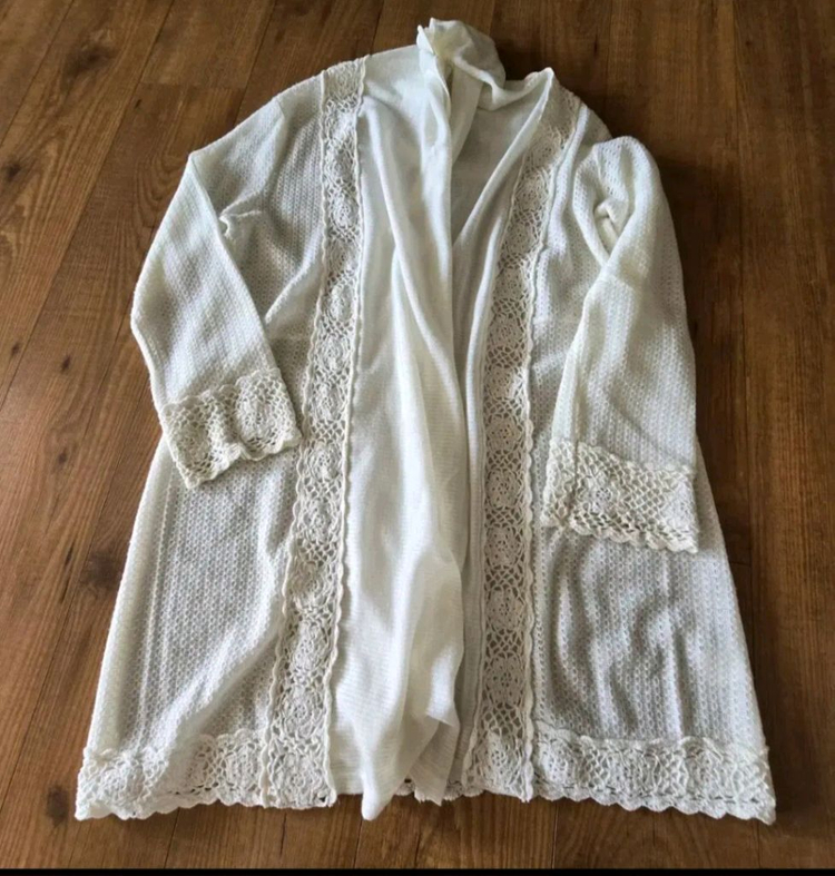 L)100)77) 일본 Shuca 테두리 크로셰 뜨개 오픈 롱 니트 가디건--5