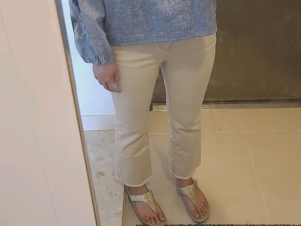 여성 연베이지 세미부츠컷 크림진 바지 하이웨이스트 팬츠 / 자라 슬로우앤드 미닛뮤트 가내스라 데님 자라 이미지