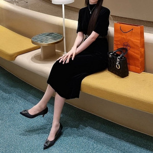 고급 벨벳 반팔 롱원피스 롱드레스 블랙 파티룩 연말룩