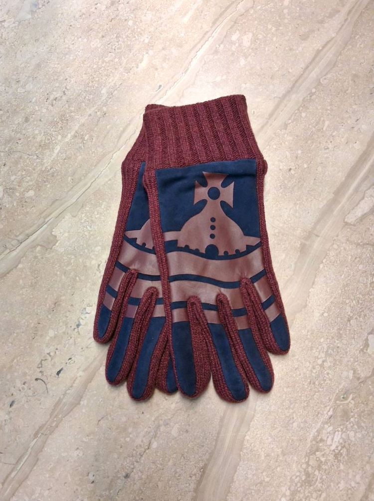 비비안 웨스트우드 스웨이드 니트 콤비 장갑 / 와인 (새상품)--2