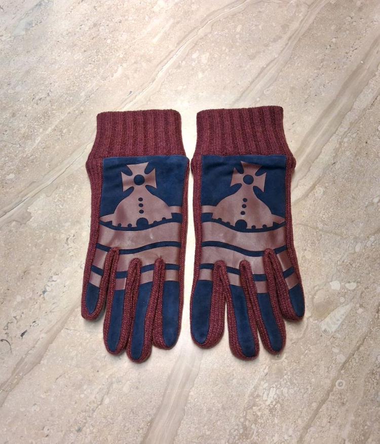 비비안 웨스트우드 스웨이드 니트 콤비 장갑 / 와인 (새상품)--3