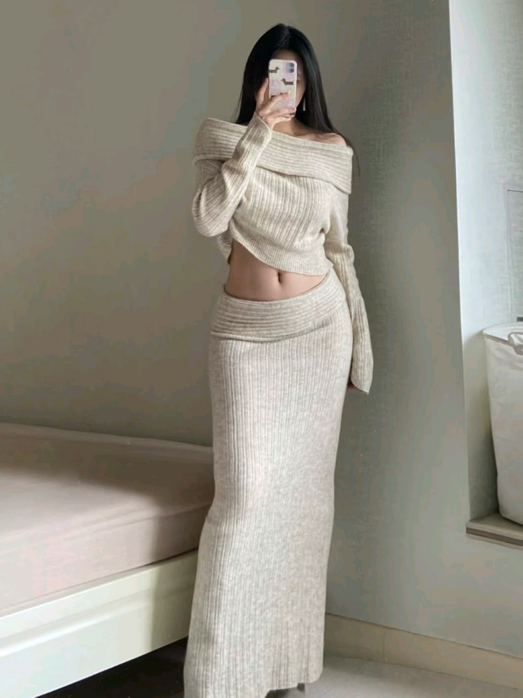 여리핏 아이보리 오프숄더 골지 니트 투피스 세트 롱스커트 셋업 s m--1