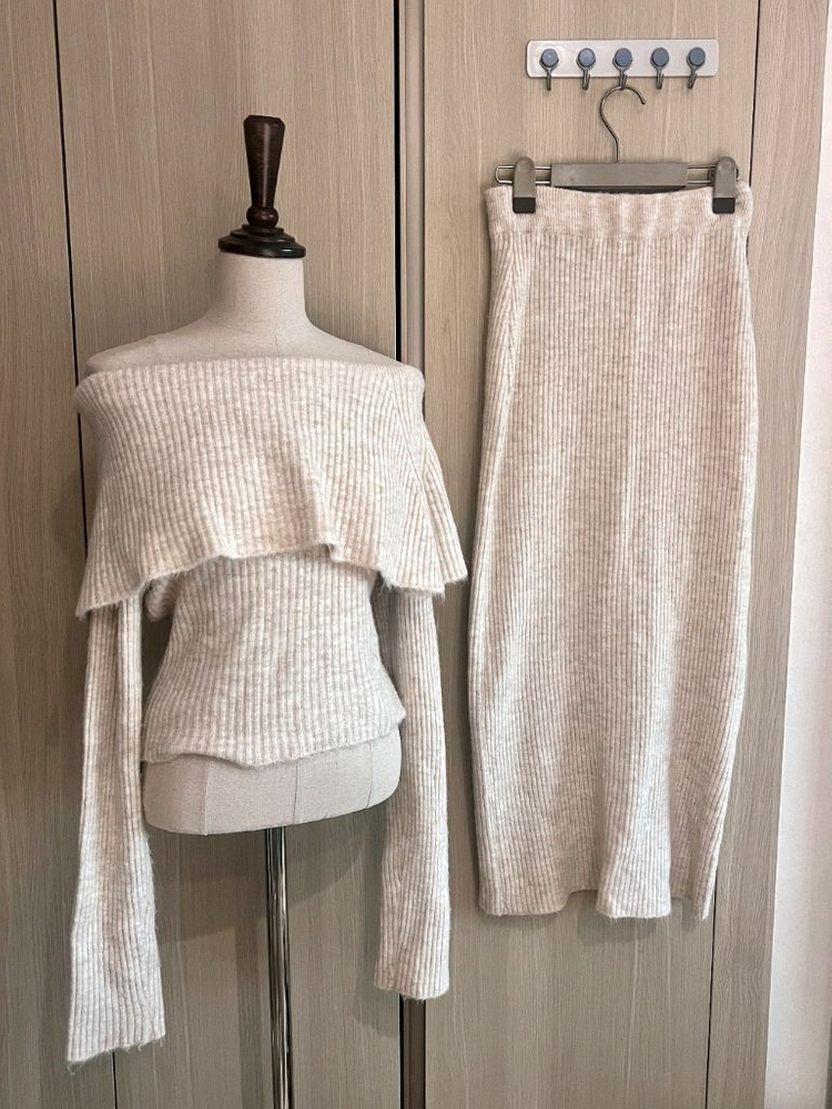 여리핏 아이보리 오프숄더 골지 니트 투피스 세트 롱스커트 셋업 s m--2