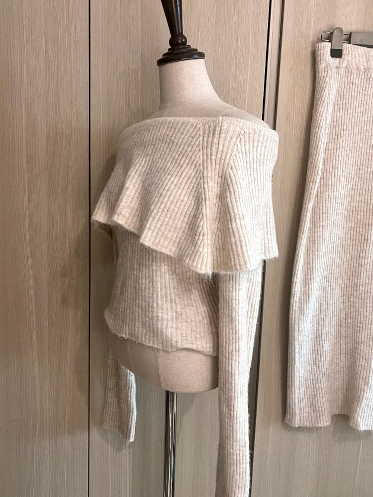 여리핏 아이보리 오프숄더 골지 니트 투피스 세트 롱스커트 셋업 s m--4