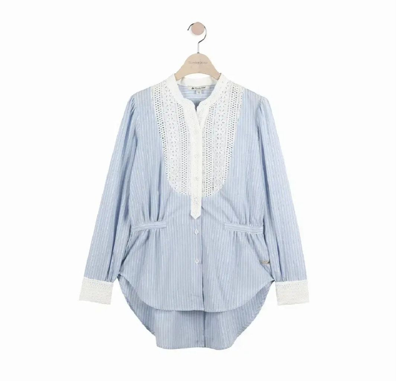 써스데이아일랜드 블라우스 셔츠 블루 하늘색 단가라 스트라이프 셔츠 레이스 셔츠 리본 에이블리 무신사 이미지
