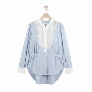 써스데이아일랜드 블라우스 셔츠 블루 하늘색 단가라 스트라이프 셔츠 레이스 셔츠 리본 에이블리 무신사 이미지