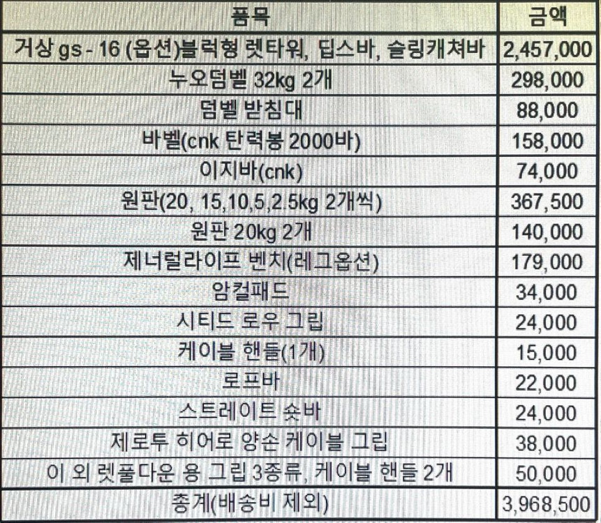 홈짐 세트(거상 gs - 16, 누오덤벨, 벤치, 바벨, 원판, 각종 그립 포함) 이미지