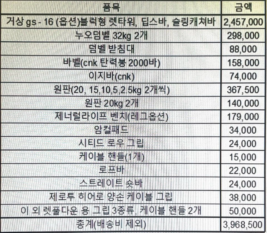 홈짐 세트(거상 gs - 16, 누오덤벨, 벤치, 바벨, 원판, 각종 그립 포함) 이미지