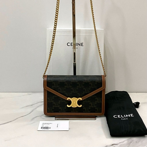 셀린느 월렛 온 체인 마고 트리옹프 캔버스 카프스킨 탄 숄더백 크로스백