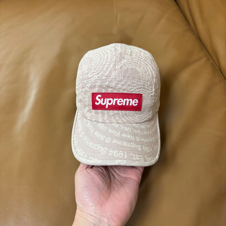 슈프림 캠프캡 모자 박스로고 자카드 데님 브라운--1