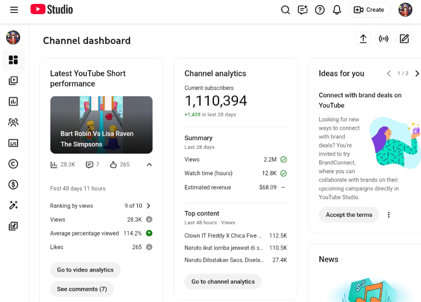 구독자 110만 (실시간 조회수 26만) 유튜브 채널 판매합니다--1
