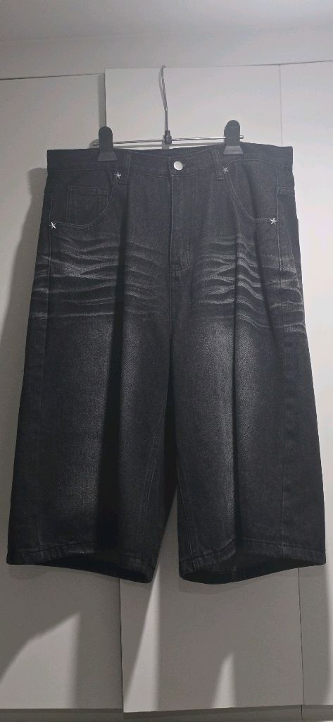 이지노이지 8부 데님 버뮤다팬츠 흑청--1