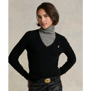폴로 랄프로렌 여성용 울캐시미어 브이넥 케이블 니트 블랙 S