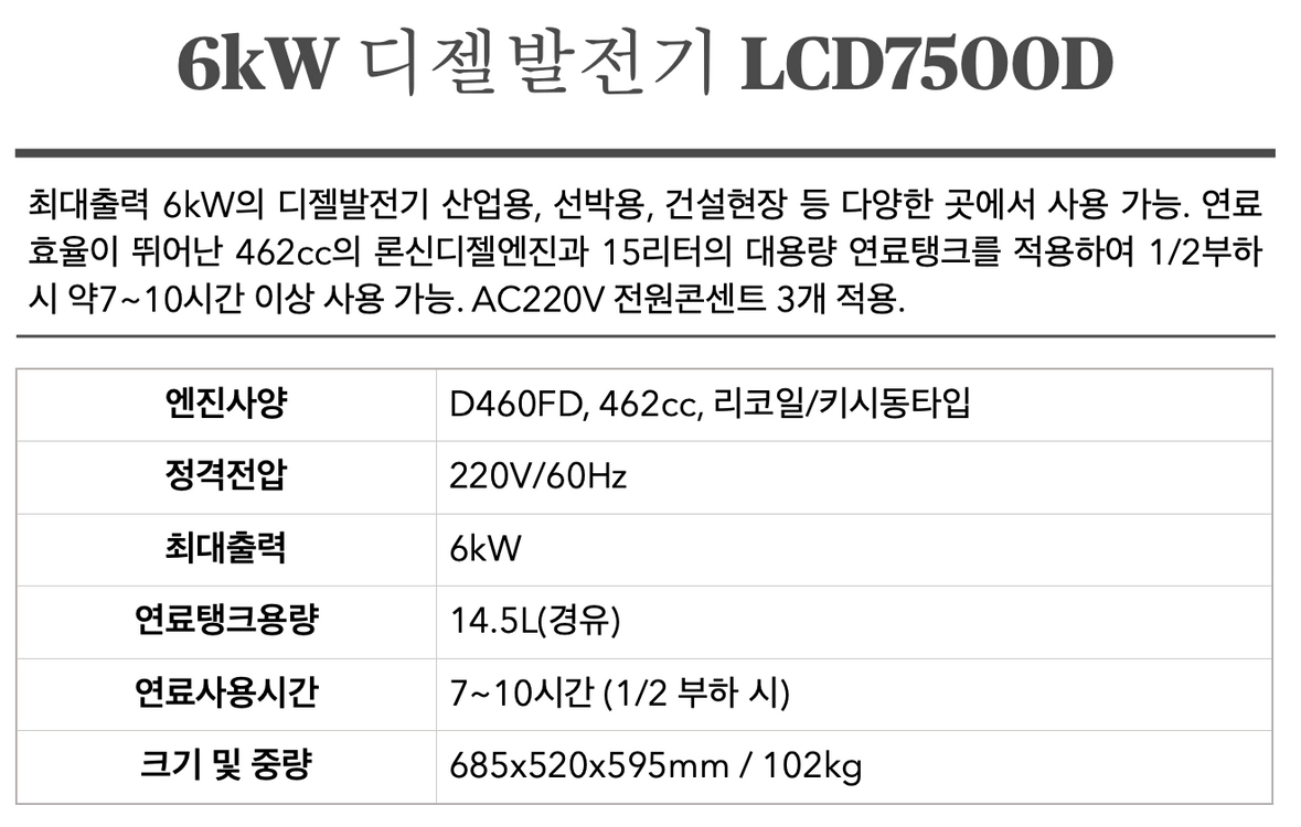 새상품 중고 산업용 비상용 디젤발전기 6kW 임대 판매 이미지
