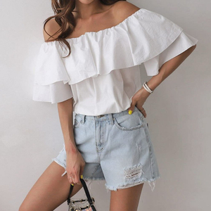 훌라 의상 상의 훌라탑 오픈숄더 프릴탑