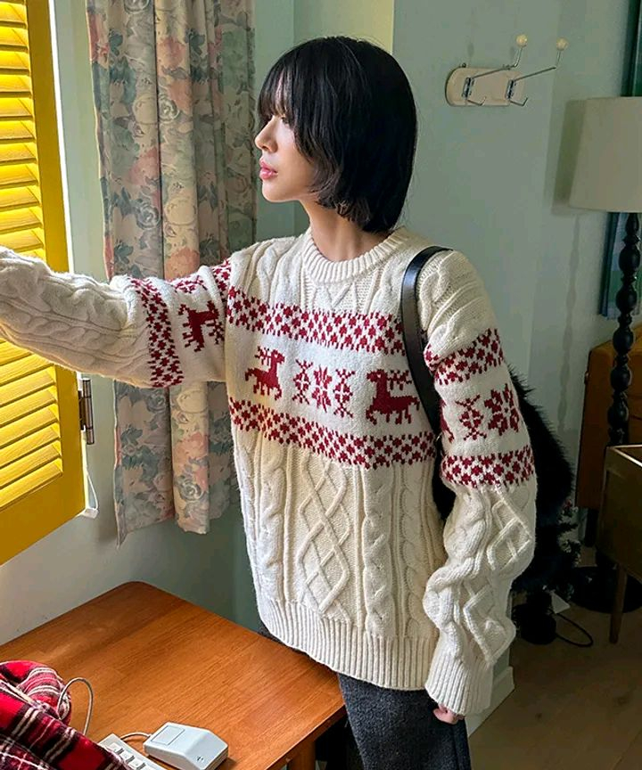 (새상품)노르딕 아이보리 케이블 니트 스웨터 레드 패턴 니트 크리스마스--3