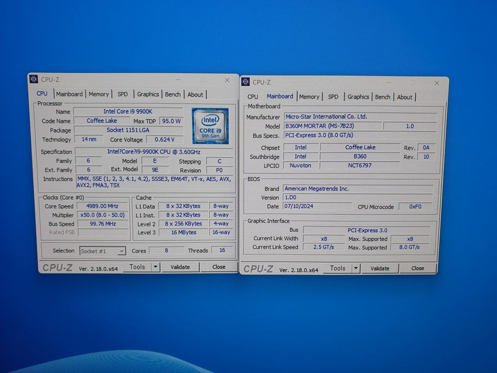 인텔i9-9900k.써모렙쿨러.msi b360박격포.삼성램8g(3200)2장.삼성nvme pm9a1 512.각개가능--5