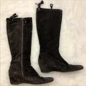 스웨이드 가죽 웨지 롱 부츠