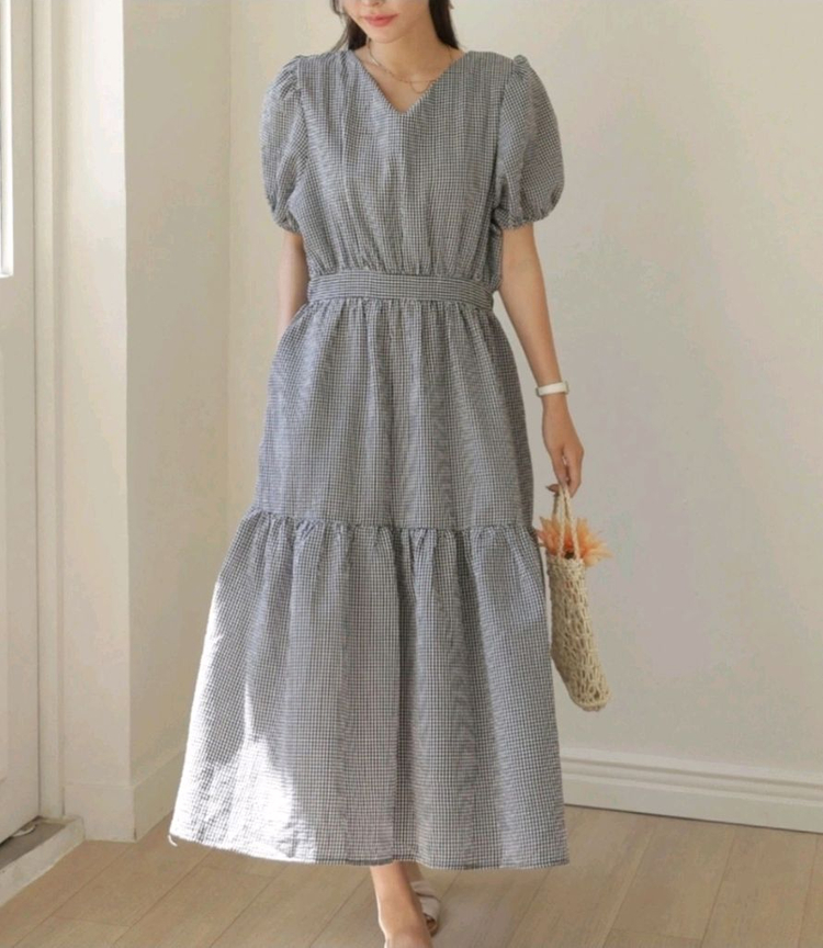 새상품) 시원한 지지미 체크 셔링 백리본 퍼프 롱원피스/ 체크 캉캉 원피스 55~66반 이미지