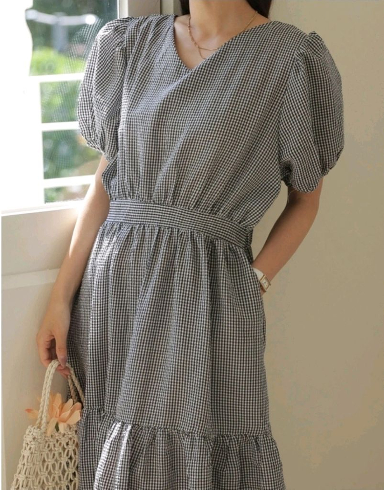 새상품) 시원한 지지미 체크 셔링 백리본 퍼프 롱원피스/ 체크 캉캉 원피스 55~66반 이미지
