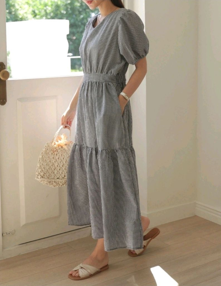 새상품) 시원한 지지미 체크 셔링 백리본 퍼프 롱원피스/ 체크 캉캉 원피스 55~66반 이미지