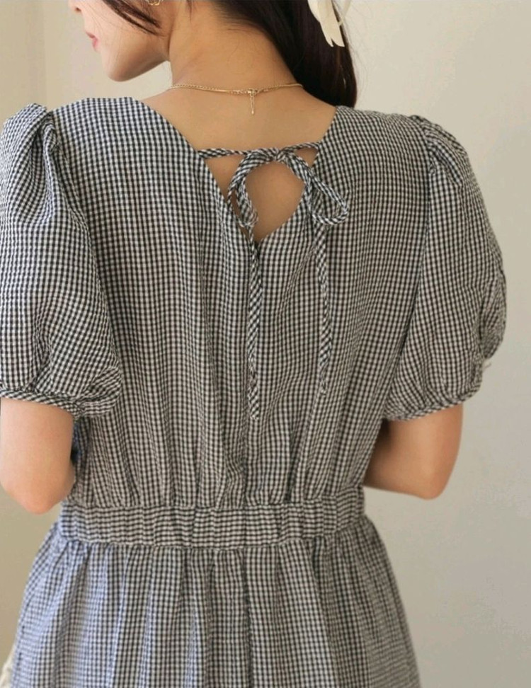 새상품) 시원한 지지미 체크 셔링 백리본 퍼프 롱원피스/ 체크 캉캉 원피스 55~66반 이미지