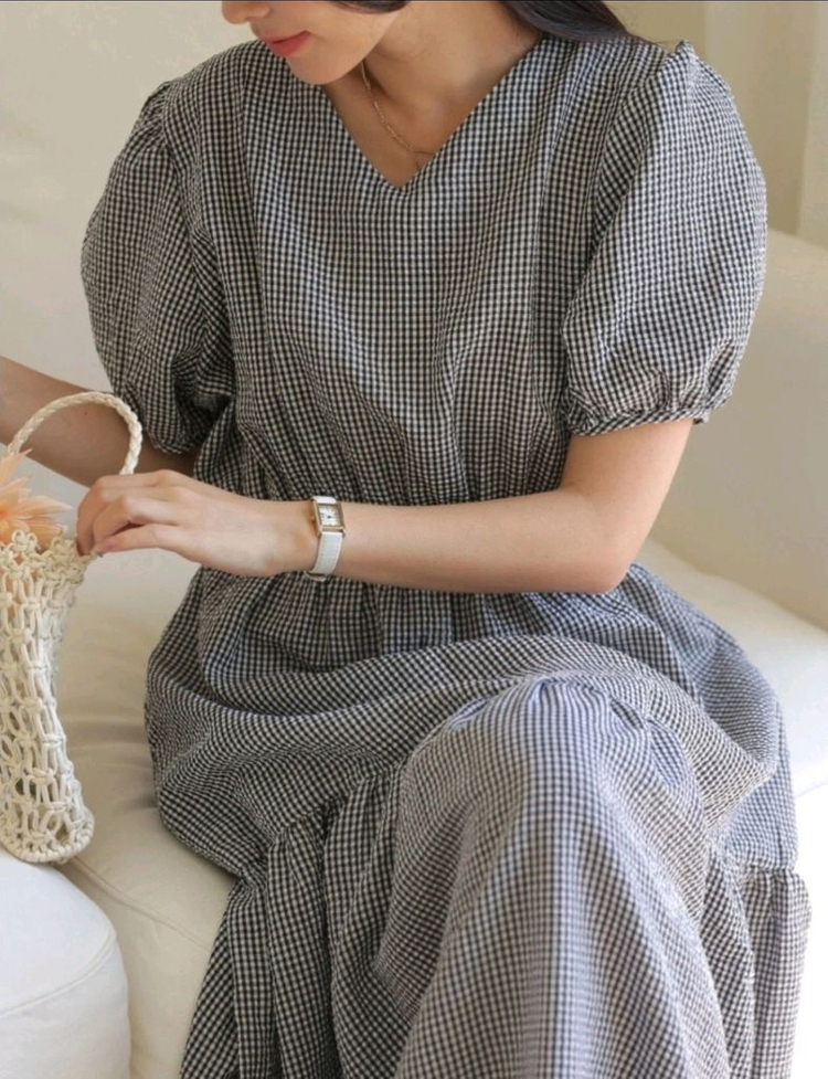 새상품) 시원한 지지미 체크 셔링 백리본 퍼프 롱원피스/ 체크 캉캉 원피스 55~66반 이미지