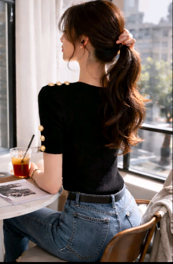 금장 버튼 디테일 브이넥 골지 니트 (슬림핏)free--3