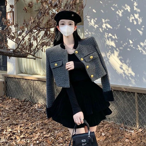 트위드 벨벳소매 크롭 자켓