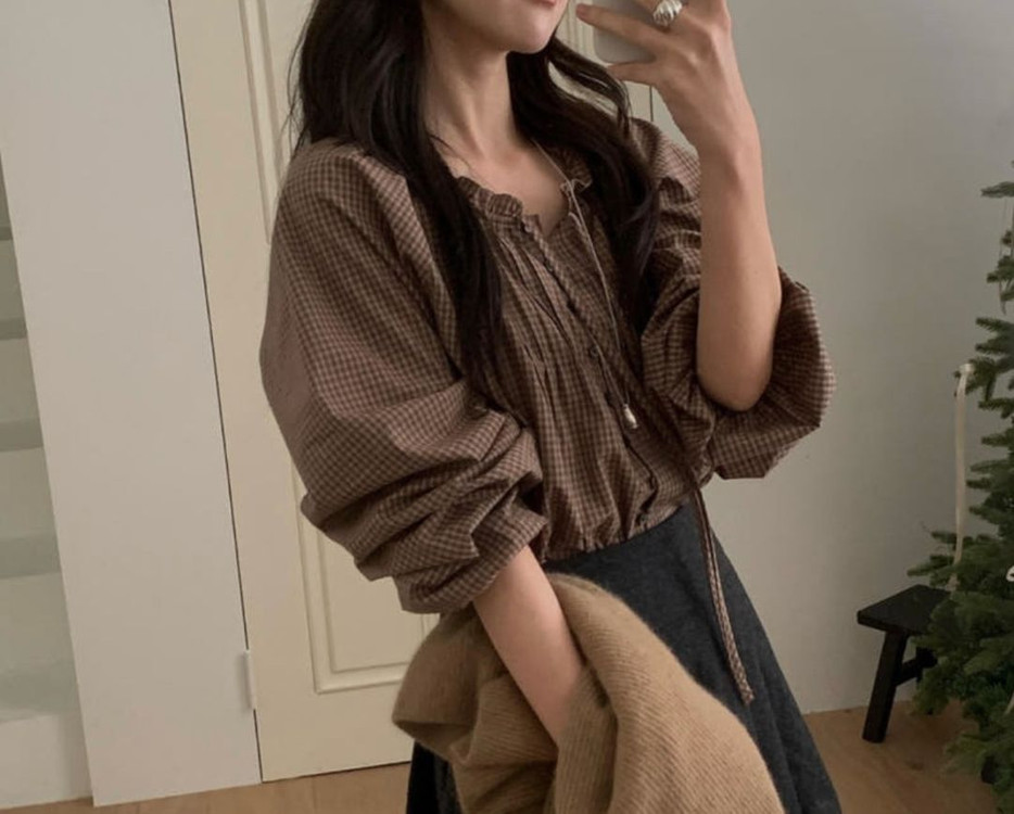 미엘 프릴체크블라우스--1