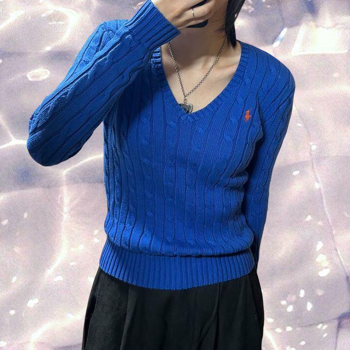 폴로 랄프로렌 신형 브이넥 꽈배기 니트 코발트 블루 XS 이미지